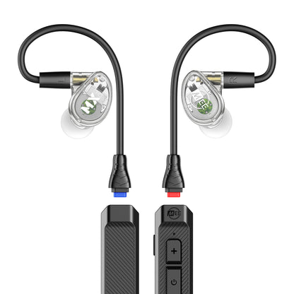 Clear MX3 PRO earpieces and BT3 Bluetooth Adapter cable on a white background