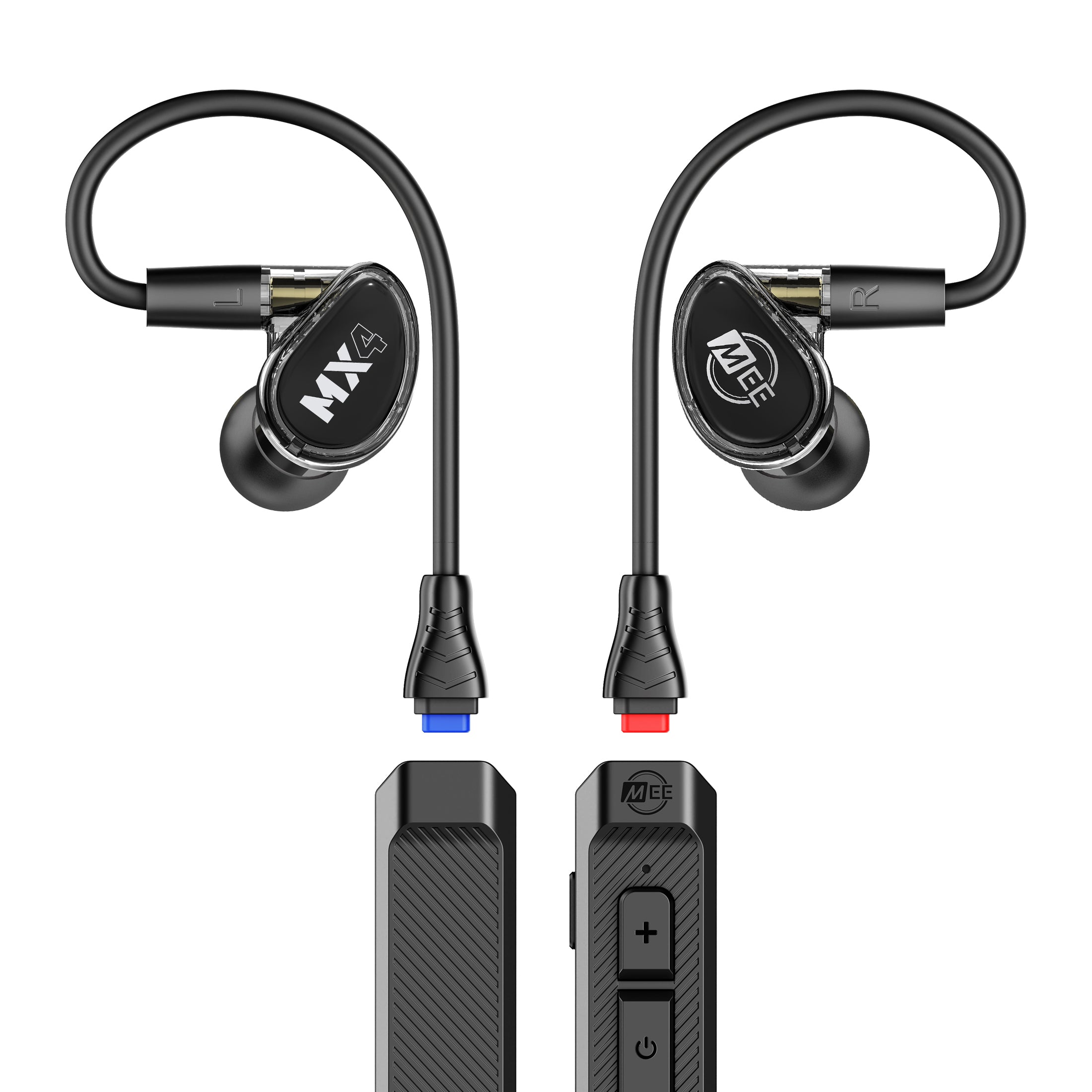 Black MX4 PRO earpieces and BT3 Bluetooth Adapter cable on a white background