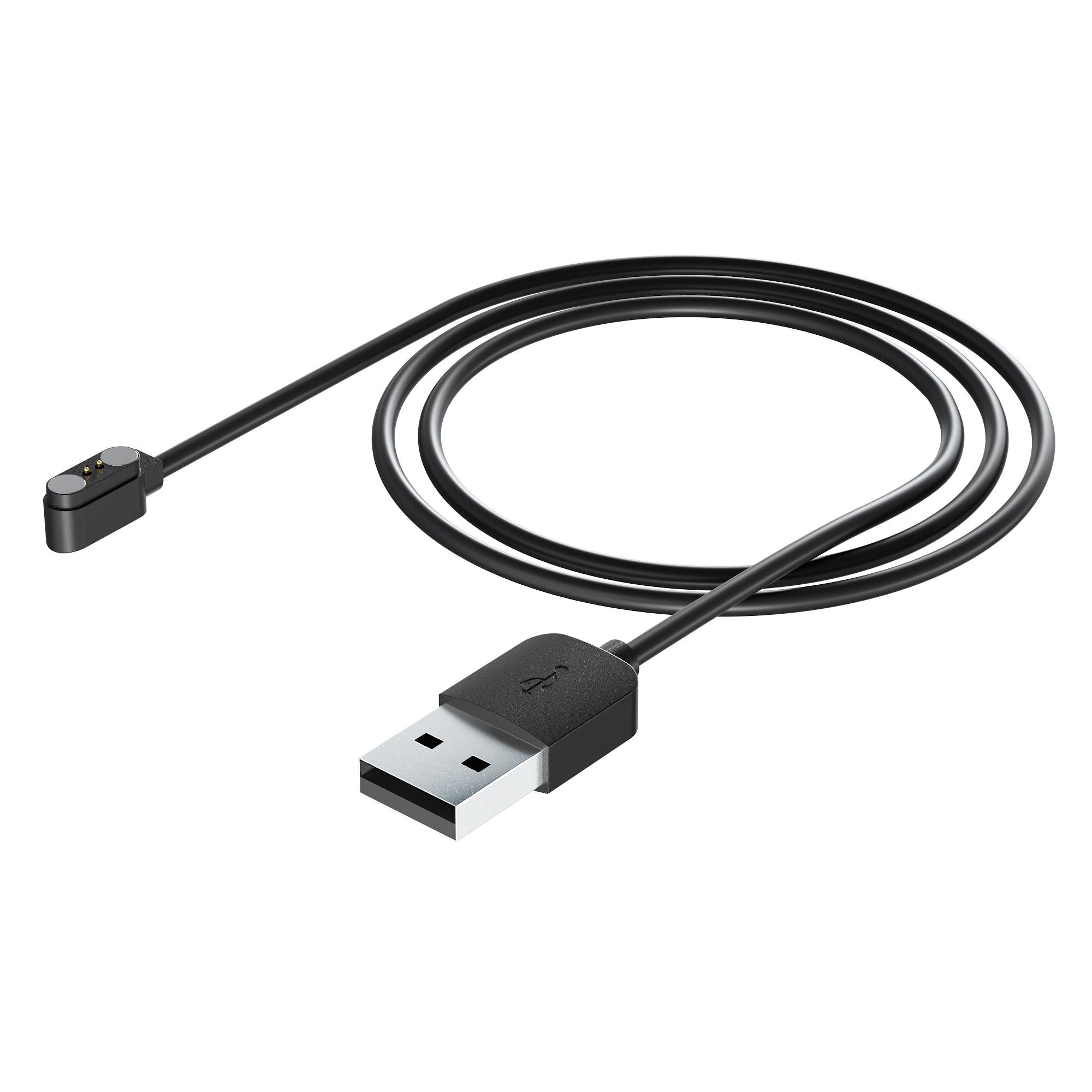 Black magnetic charging cable with a USB plug for BT3 on a white background