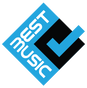 A blue and black logo featuring the word "music" written in bold, along with stylized letters arranged to form an abstract design, all tilted within a square frame.