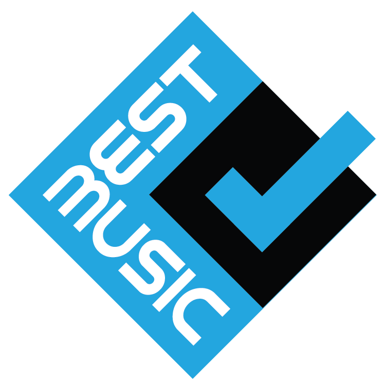 A blue and black logo featuring the word "music" written in bold, along with stylized letters arranged to form an abstract design, all tilted within a square frame.