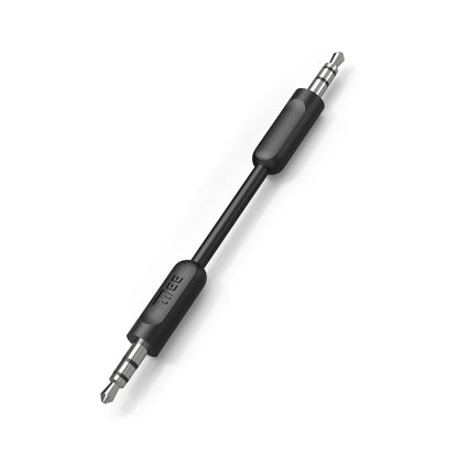 Black audio cable with 3.5mm connectors on a white background