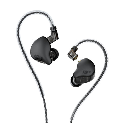 Black MEE audio CORE 2 dual hybrid driver in-ear monitors with braided audio cables, shown from two angles on a white background. The brand logo 'MEE' is visible on the earpieces.