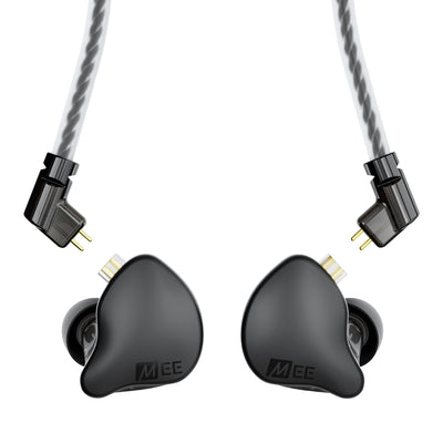 A pair of black MEE audio CORE 2 dual hybrid driver in-ear monitors with a braided cable and right-angle connectors, shown from the front on a white background. The brand name 'MEE' is visible on the earpieces.