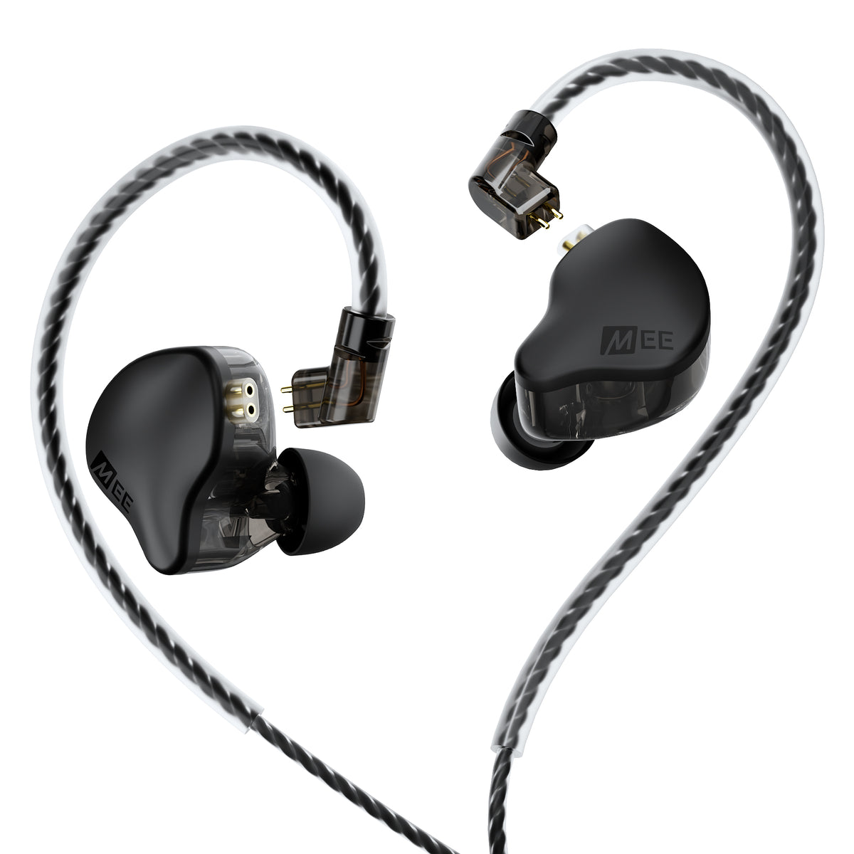 A pair of black MEE audio CORE 2 dual hybrid driver in-ear monitors with transparent and black braided cables, shown from multiple angles on a solid white background. The brand name 'MEE' is visible on the earpieces.