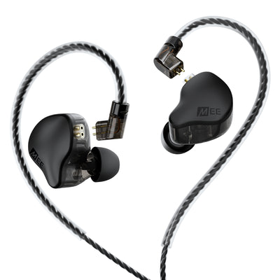 A pair of black MEE audio CORE 2 dual hybrid driver in-ear monitors with transparent and black braided cables, shown from multiple angles on a solid white background. The brand name 'MEE' is visible on the earpieces.