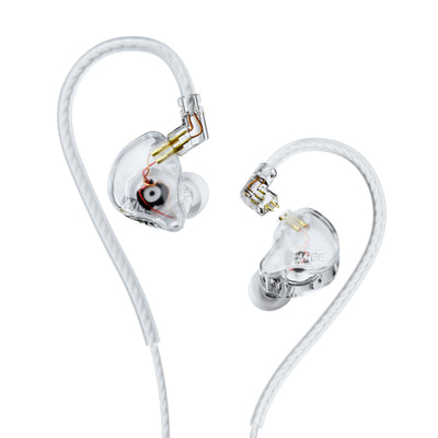 A pair of transparent MEE audio CORE 2 dual hybrid driver in-ear monitors with white braided cables and gold-tone connectors, shown on a solid white background.