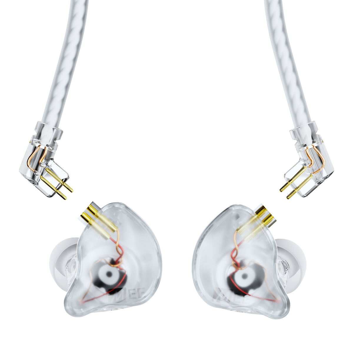 Transparent MEE audio CORE 2 dual hybrid driver in-ear monitors with visible internal wiring and gold-tone connectors, shown on a clean white background with matching cable ends above.
