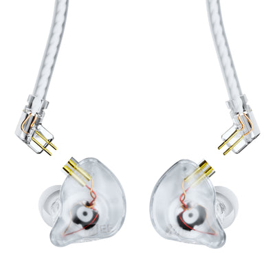 Transparent MEE audio CORE 2 dual hybrid driver in-ear monitors with visible internal wiring and gold-tone connectors, shown on a clean white background with matching cable ends above.