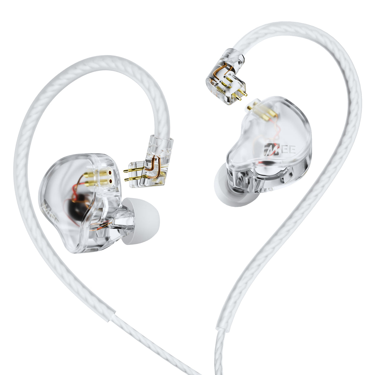 Transparent MEE audio CORE 2 dual hybrid in-ear monitors with white cables and gold-tone connector details, shown from multiple angles on a white background.