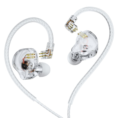 Transparent MEE audio CORE 2 dual hybrid in-ear monitors with white cables and gold-tone connector details, shown from multiple angles on a white background.