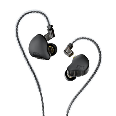 A pair of black MEE audio CORE 3 triple hybrid driver in-ear monitors with gray braided cables, featuring gold-plated connector pins and the MEE brand logo, shown on a solid white background.