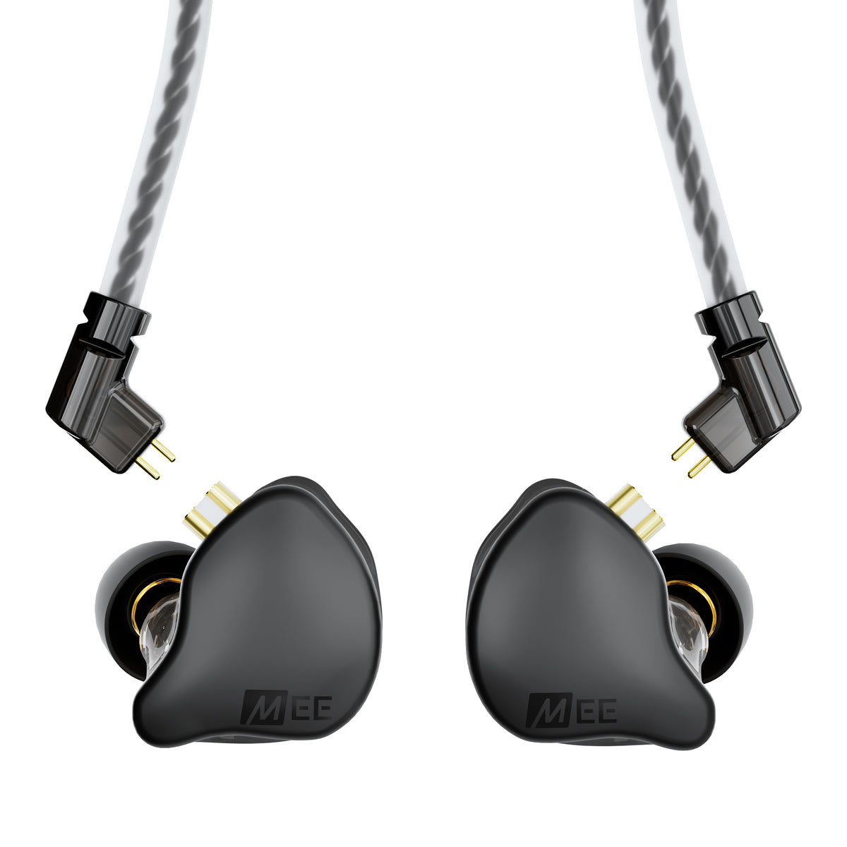 Black MEE audio CORE 3 triple hybrid driver in-ear monitors with gold-plated connectors and a gray braided cable, shown from the front on a white background.