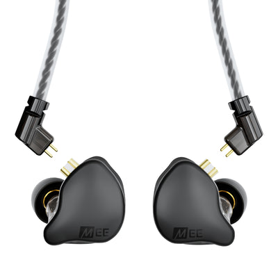 Black MEE audio CORE 3 triple hybrid driver in-ear monitors with gold-plated connectors and a gray braided cable, shown from the front on a white background.
