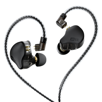 A pair of MEE audio CORE 3 triple hybrid driver in-ear monitors with a black and silver braided cable, shown from multiple angles on a solid white background.