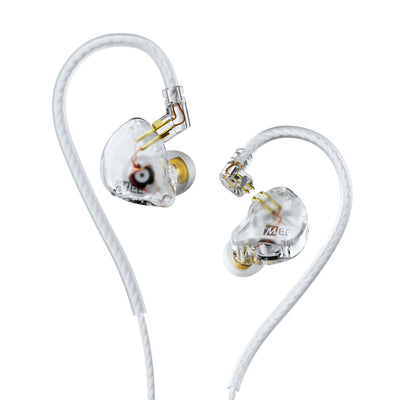 A pair of transparent MEE audio CORE 3 triple hybrid driver in-ear monitors with white cables and gold-tone internal components, shown on a clean white background.