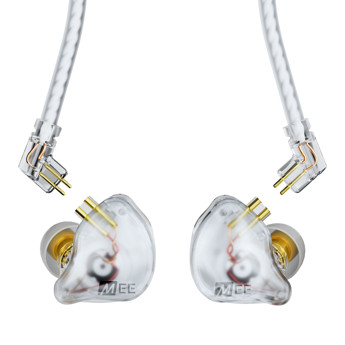 A pair of MEE audio CORE 3 triple hybrid driver in-ear monitors with transparent housings, gold-plated internal components, and white braided cables with gold connector details, shown on a plain white background.