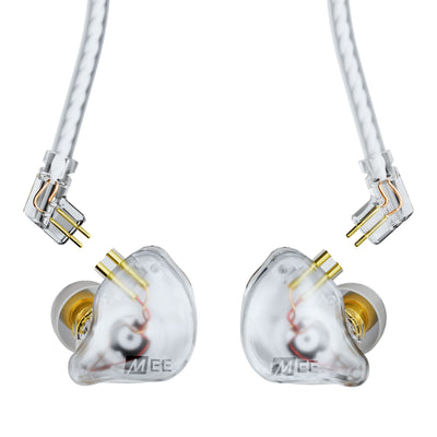 A pair of MEE audio CORE 3 triple hybrid driver in-ear monitors with transparent housings, gold-plated internal components, and white braided cables with gold connector details, shown on a plain white background.