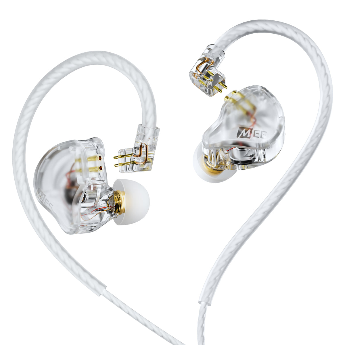 Transparent MEE audio CORE 3 triple hybrid driver in-ear monitors with white cables and gold-tone internal components, shown on a clean white background. The earbuds feature a clear housing with visible internal circuitry and a white silicone ear tip.