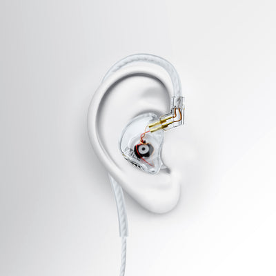 A clear MEE audio CORE 3 triple hybrid driver in-ear monitor earphone with a transparent housing and gold-toned internal components, shown mounted on a white ear-shaped form against a light gray background.