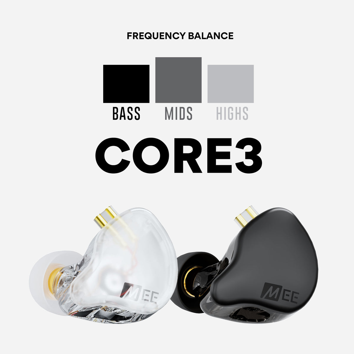 MEE audio CORE 3 in-ear monitors in Clear and Black, shown side by side with gold 2-pin connectors and silicone eartips. Above them, a frequency balance graphic shows three bars labeled Bass, Mids, and Highs, with bass and mids roughly equal and highs slightly lower.