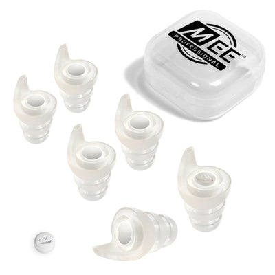 A set of clear universal high fidelity filtered earplugs with filters and a carrying case with the MEE Professional logo.