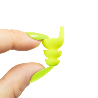 Hand holding a Neon Yellow Universal-Fit High Fidelity Earplug 