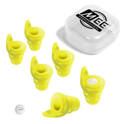 A set of yellow universal high fidelity filtered earplugs with filters and a carrying case with the MEE Professional logo.