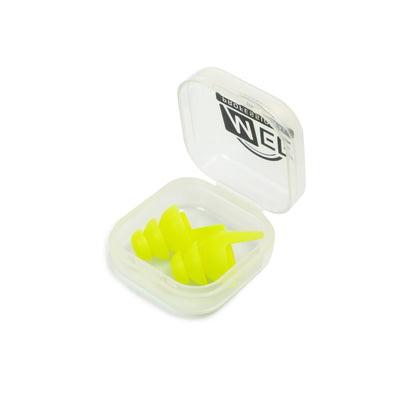 Neon Yellow Universal-Fit High Fidelity Earplugs with Interchangeable filters inside of a case on a white background
