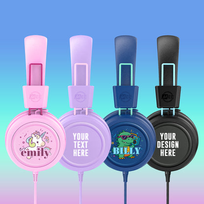 Four pairs of customizable KJ55AUX headphones with customized text on a gradient background 