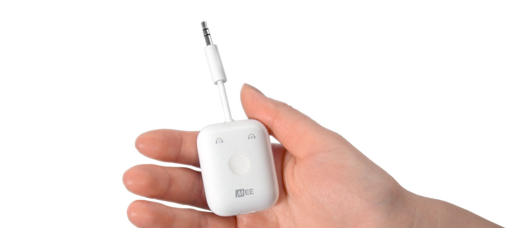 A hand holding a small white audio bluetooth receiver with a single button and company logo, set against a white background.