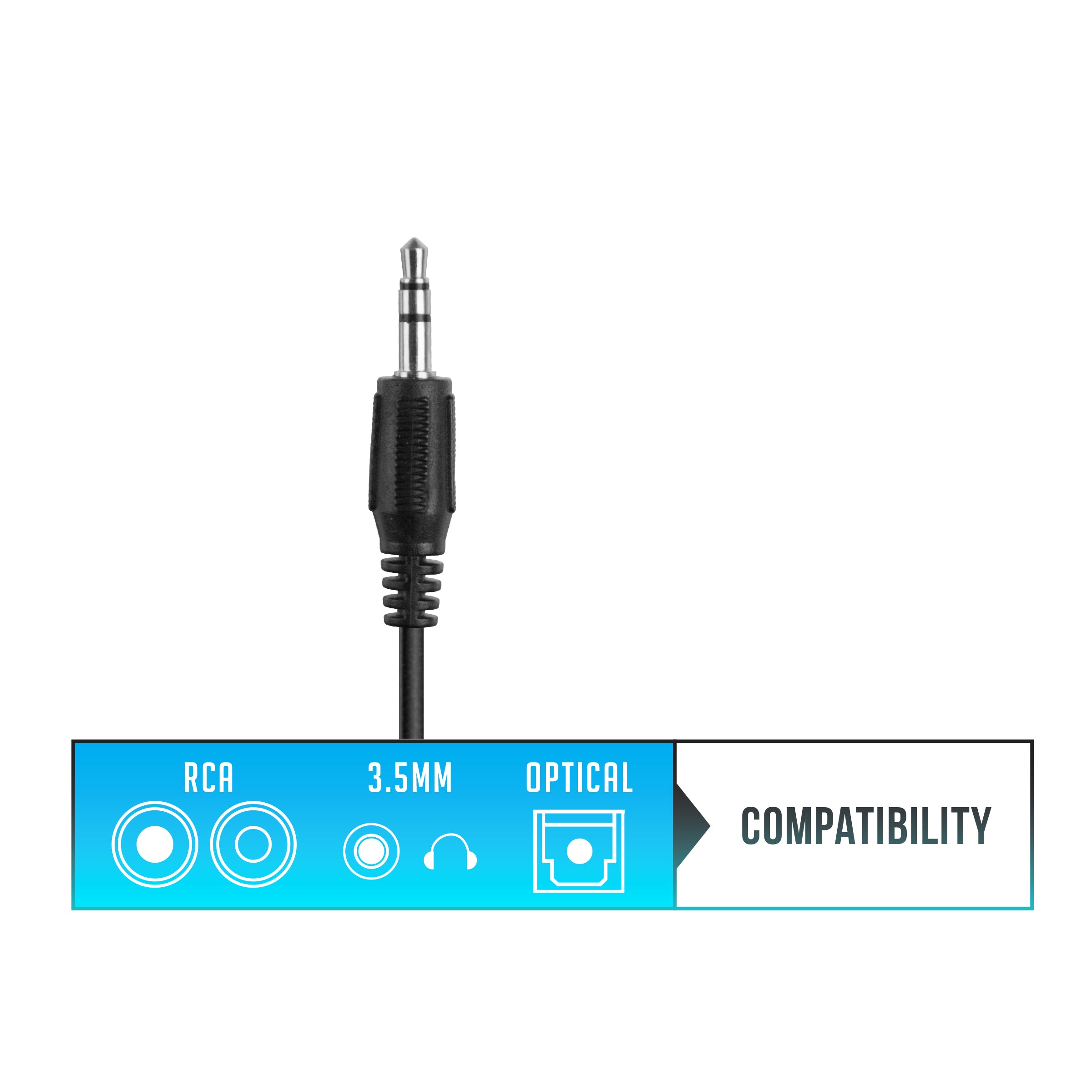 A 3.5mm audio jack cable is depicted above an icon bar representing compatibility with rca, 3.5mm, and optical audio connections.