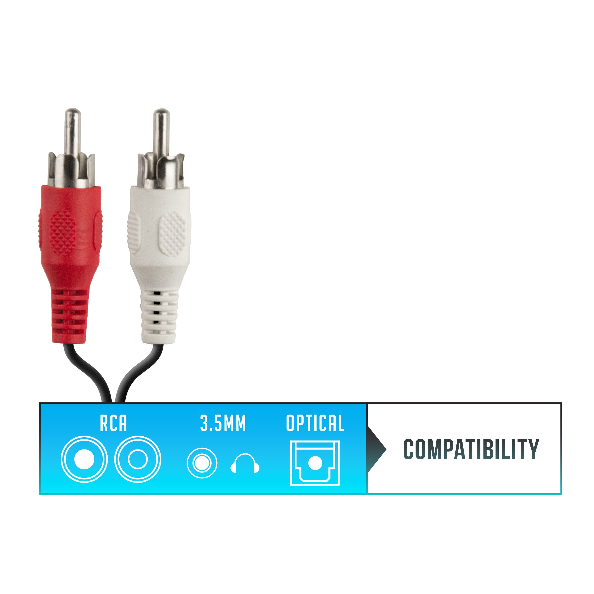 Red and white rca audio cables against a white background with icons indicating compatibility with 3.5mm and optical connections.