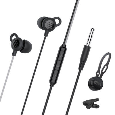MEE audio SleepTones 3.5mm Wired Sleeping Earbuds for Side Sleepers With Lightweight Low-Profile Silicone Earpieces for a Comfortable Fit, Built-In Mic, & Volume Controls  with a shirt clip on a white background