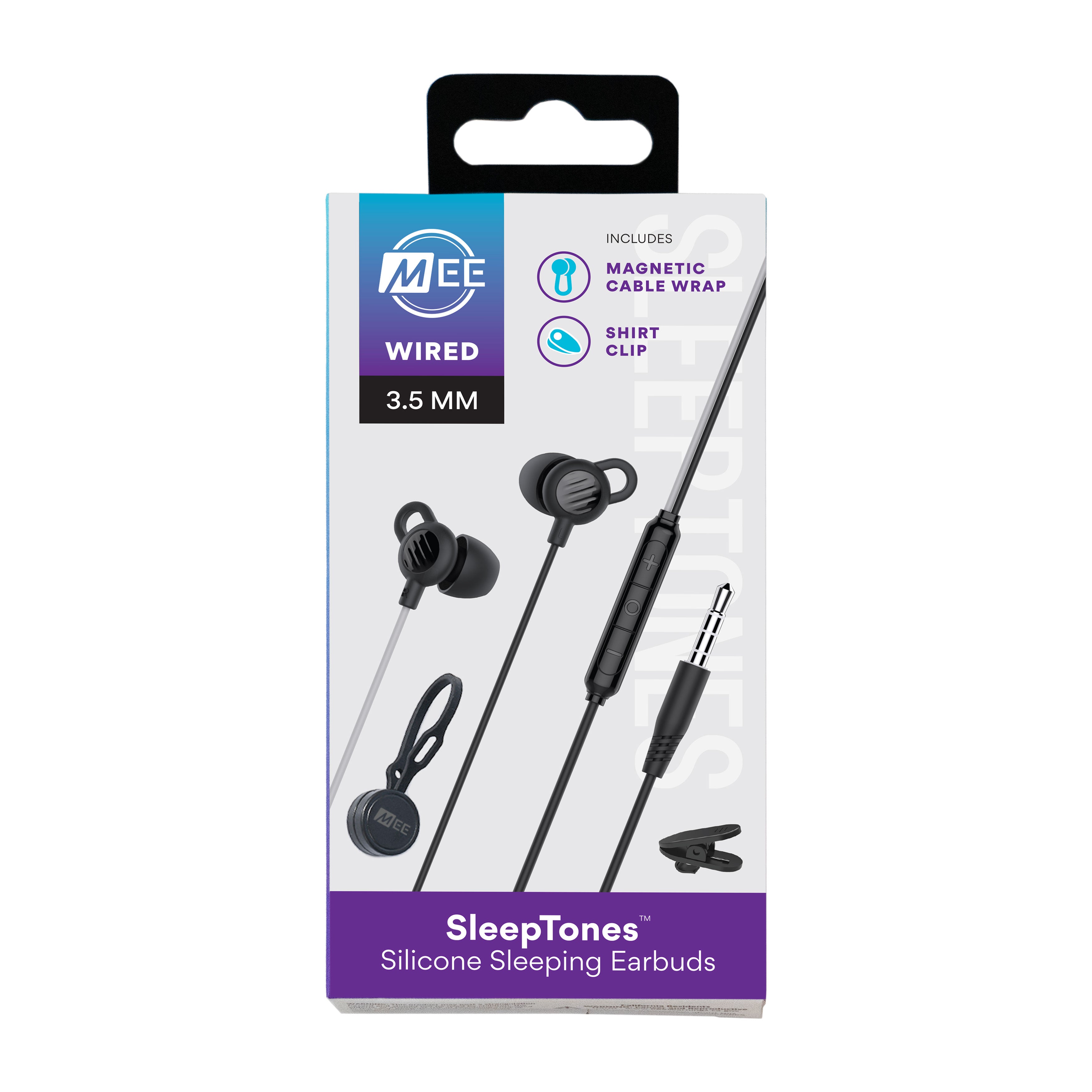 Packaging of MEE audio SleepTones silicone sleeping earbuds on a white background