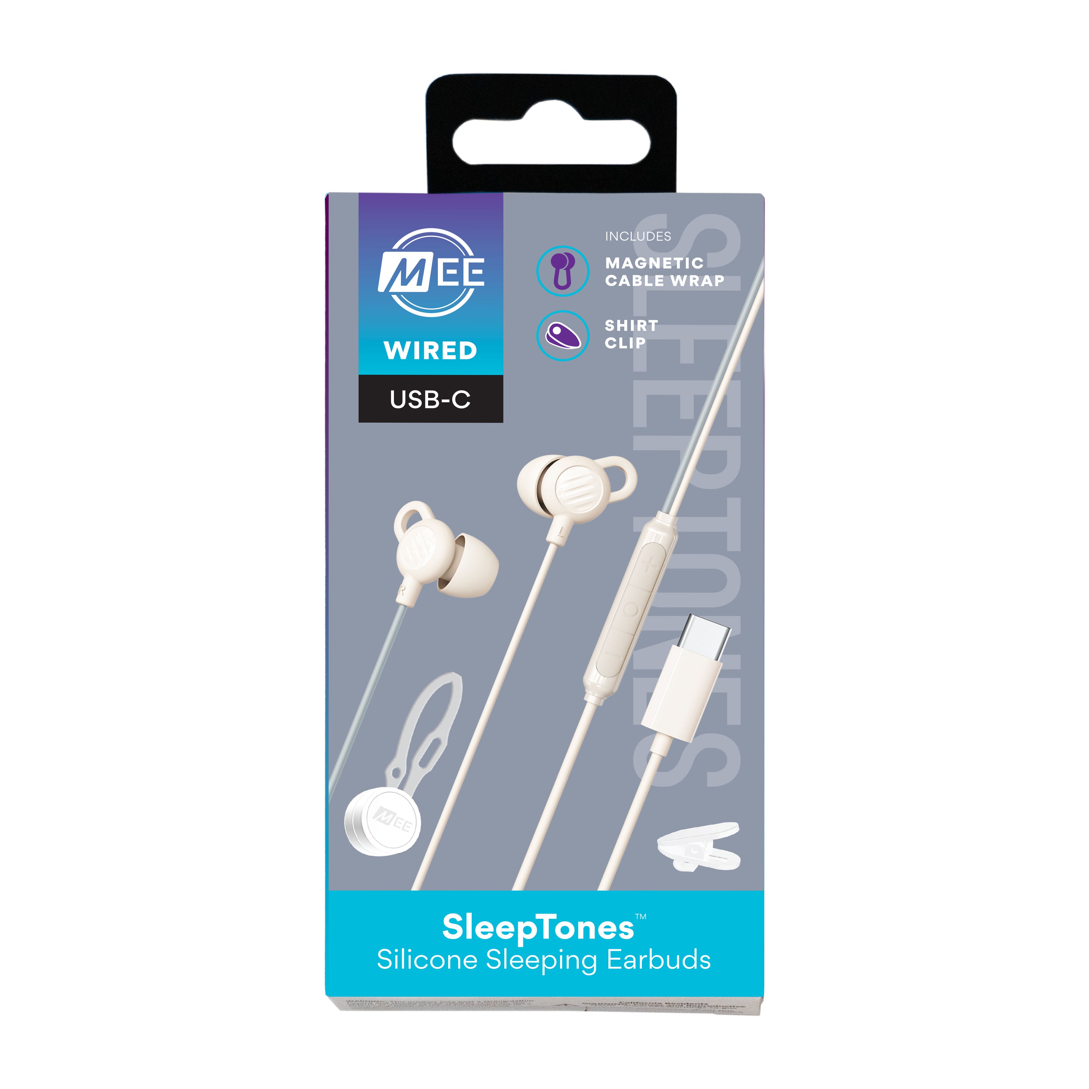 Packaging of MEE audio SleepTones silicone sleeping earbuds on a white background