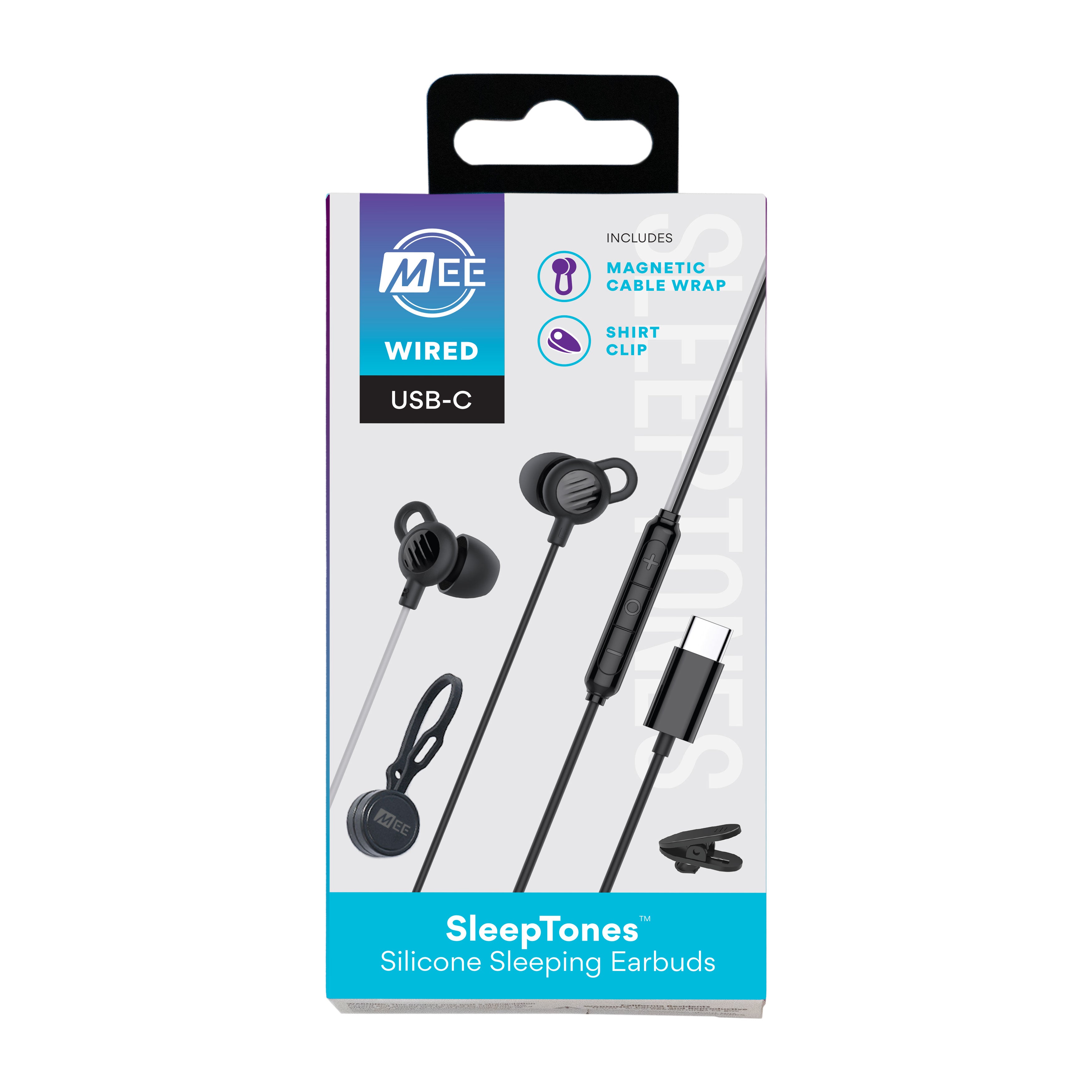 Packaging of MEE audio SleepTones silicone sleeping earbuds on a white background