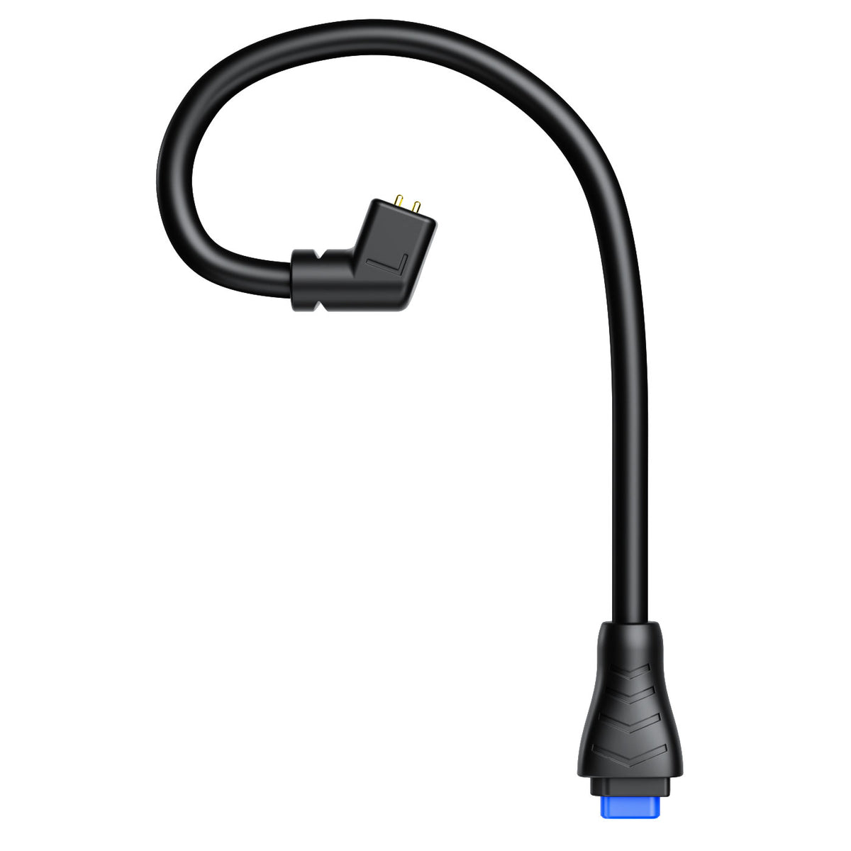 A black flexible cable qdc-style 2-pin earhook for BT3 Wireless Bluetooth adapter with a right-angle connector on one end and a blue-tipped connector on the other, shown on a plain white background.