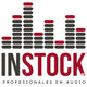 Logo of "instock" featuring stylized red bars resembling sound equalizer levels, with the slogan "profesionales en audio" beneath in black text.