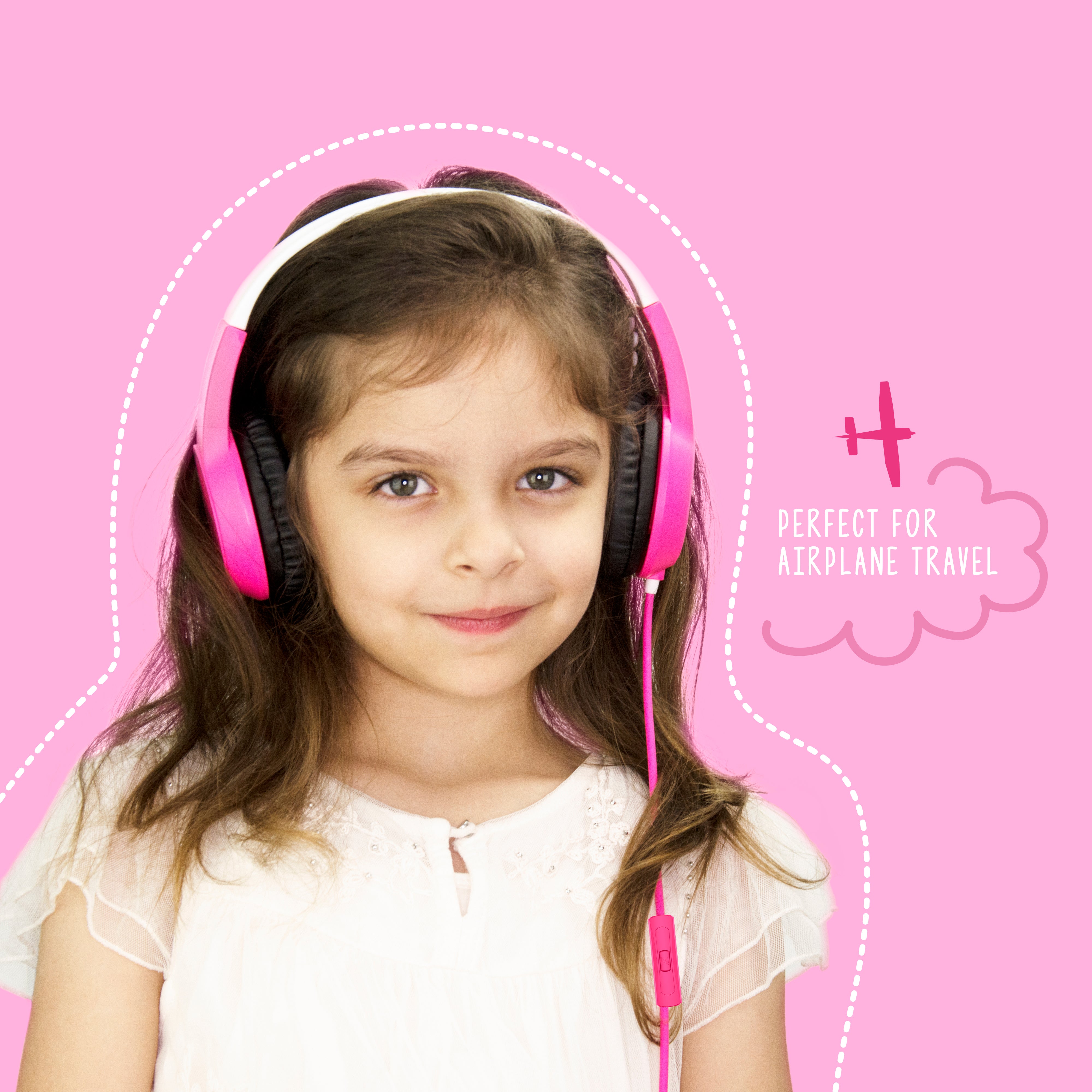 a girl in pink wearing the Kidjamz safe listening headphones for Kids