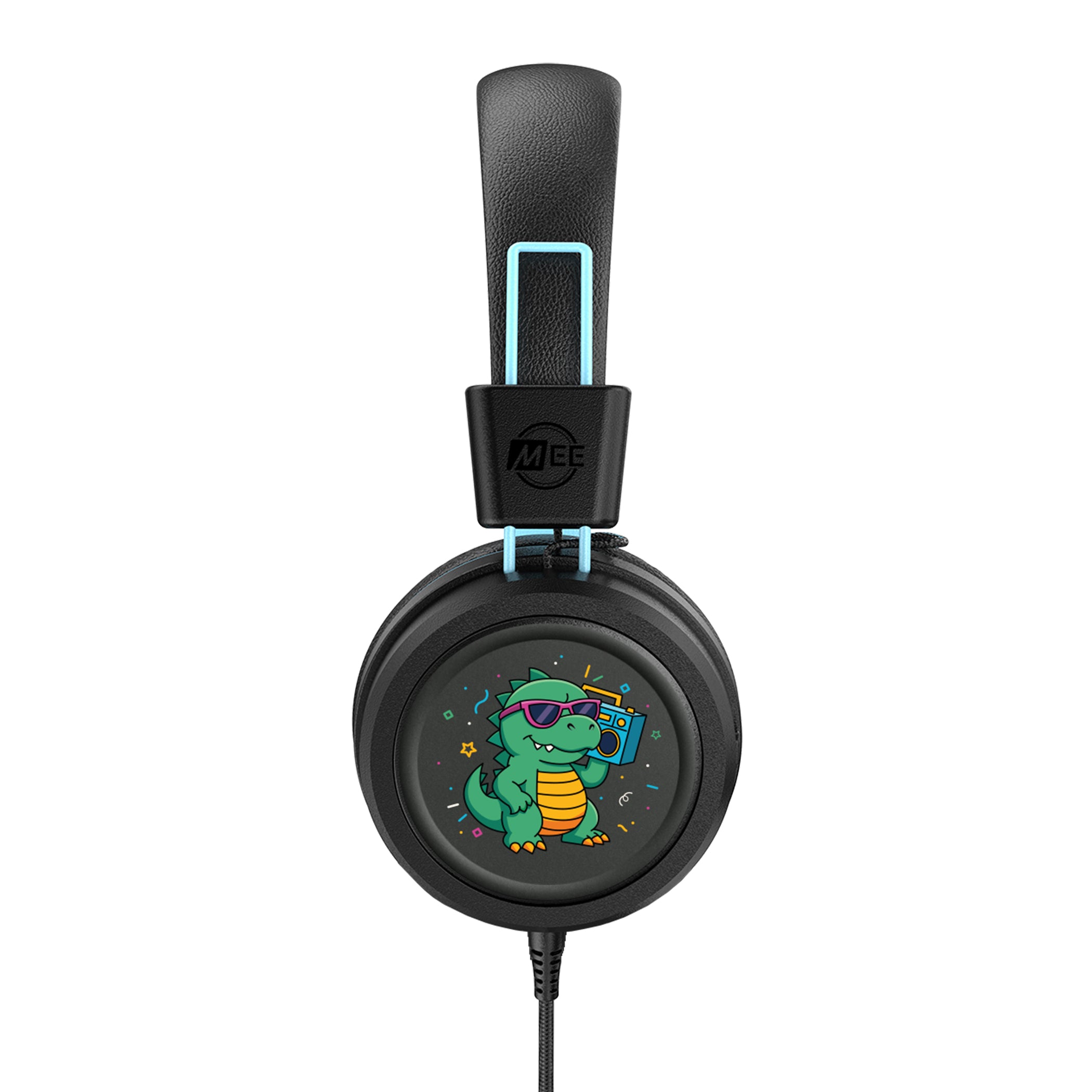 Black KIdJamz KJ55AUX Headphones with a colored cartoon dinosaur design on the earcup, on a white background

