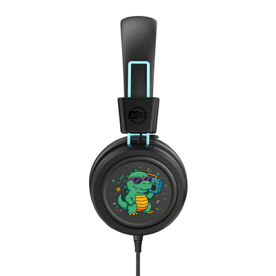 Black KIdJamz KJ55AUX Headphones with a colored cartoon dinosaur design on the earcup, on a white background

