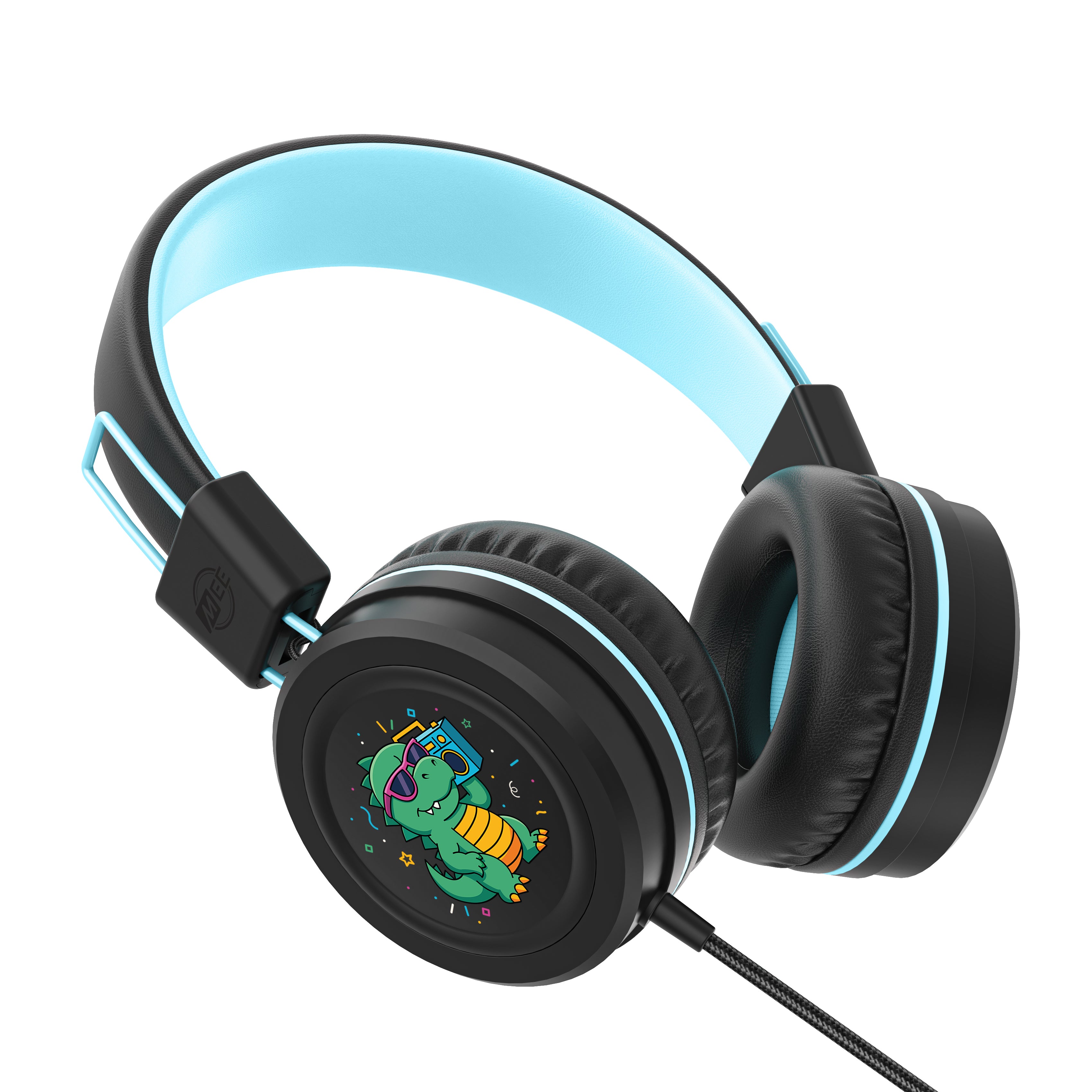 Black KidJamz KJ55AUX Headphones with a dinosaur design on the earcup against a white background