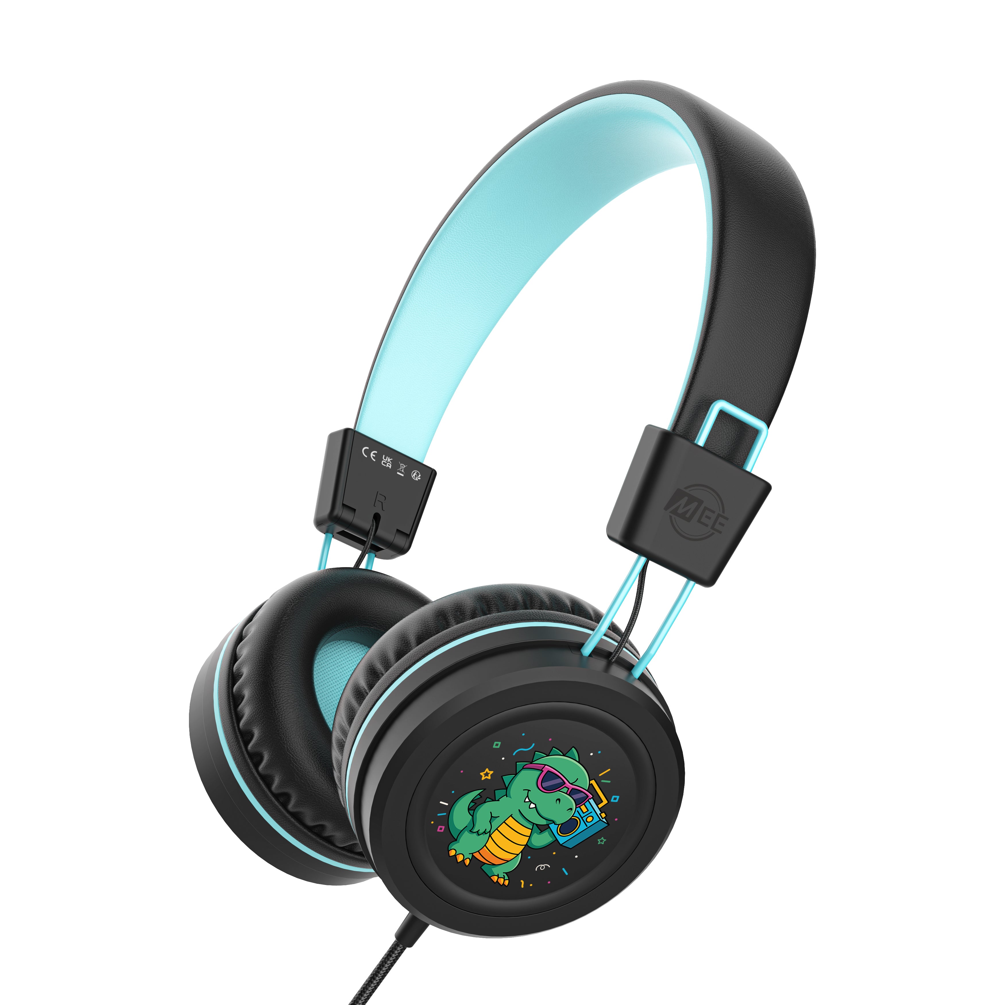 Black KIdJamz KJ55AUX headphones with a color cartoon dinosaur design on a white background