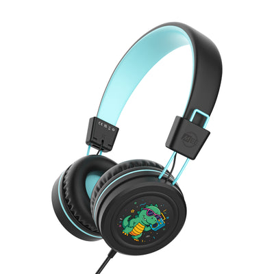 Black KIdJamz KJ55AUX headphones with a color cartoon dinosaur design on a white background