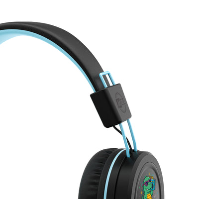 Black KIdJamz KJ55AUX headphones with blue accents on a white background