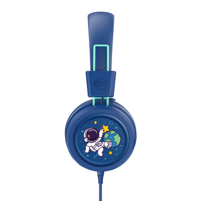 Blue KidJamz KJ55AUX headphones with a colored space-themed design on a white background
