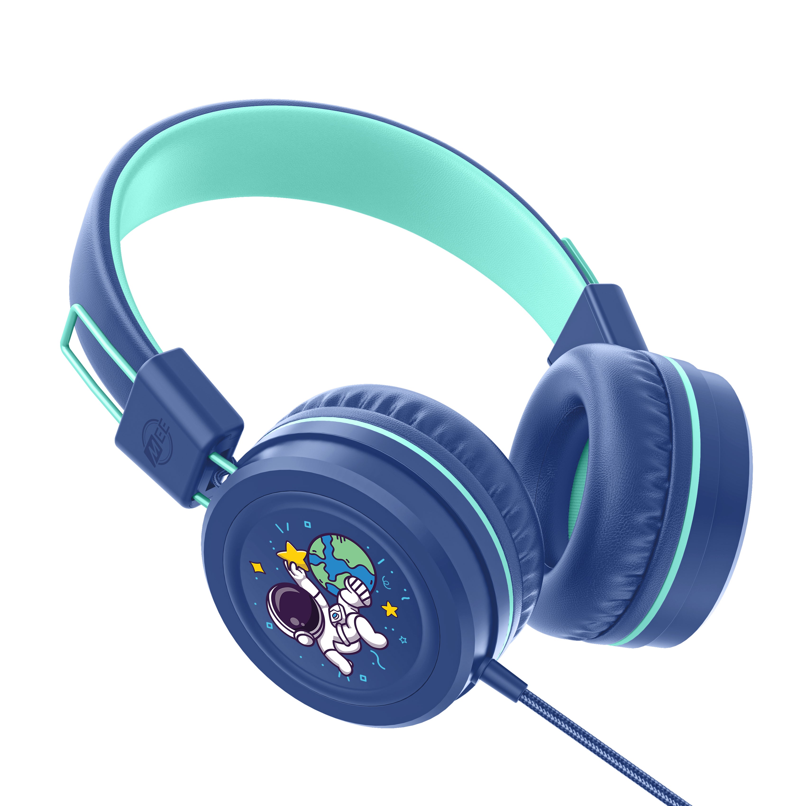 Blue KidJamz KJ55AUX headphones with an astronaut design in color on a white background