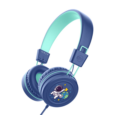 Blue KidJamz KJ55AUX headphones with an astronaut design on a white background

