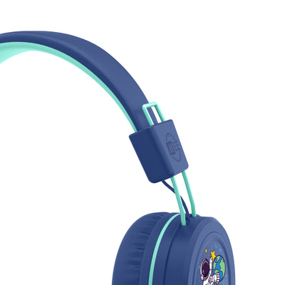 Blue KidJamz KJ55AUX headphones with a visible MEE Audio logo  and a color astronaut design on a white background
